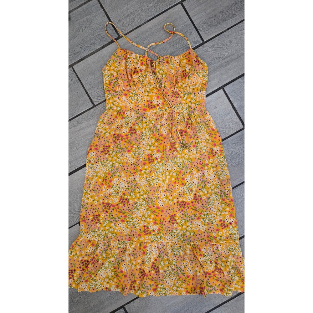 BCBG Paris Yellow Floral Print Ruffle Hem Midi Dress Adjustable Straps Size M